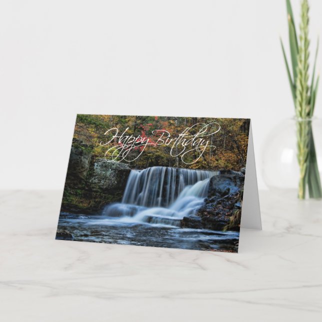 Waterfall in Autumn Happy Birthday Card (Front)