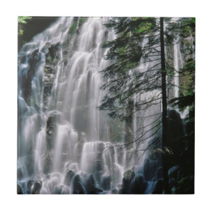 Waterfall in forest, Oregon Ceramic Tile