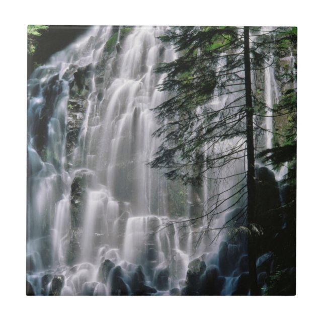 Waterfall in forest, Oregon Ceramic Tile (Front)