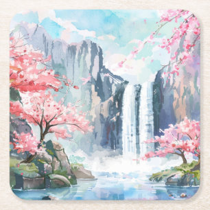 Waterfall in Spring Square Paper Coaster