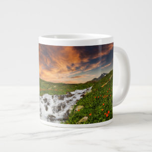 Waterfall in the Mountains with Flowers Large Coffee Mug