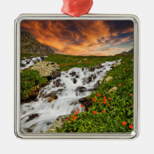 Waterfall in the Mountains with Flowers Metal Ornament