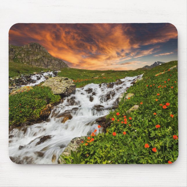 Waterfall in the Mountains with Flowers Mouse Pad (Front)