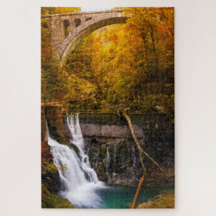 Waterfall in Vintgar Gorge canyon in autumn Jigsaw Puzzle