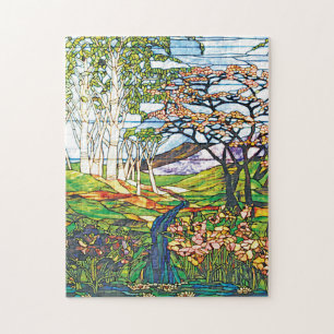 Waterfall Iris Birch Tiffany Stained Glass Vintage Jigsaw Puzzle