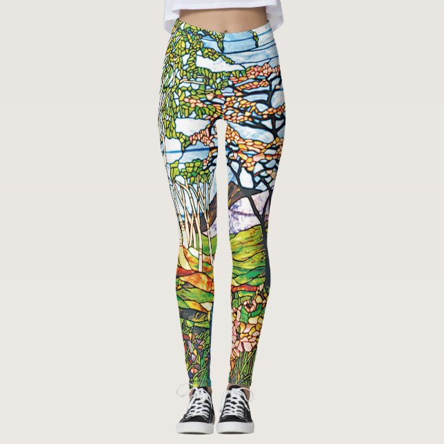 Waterfall Iris Birch Tiffany Stained Glass Vintage Leggings (Front)