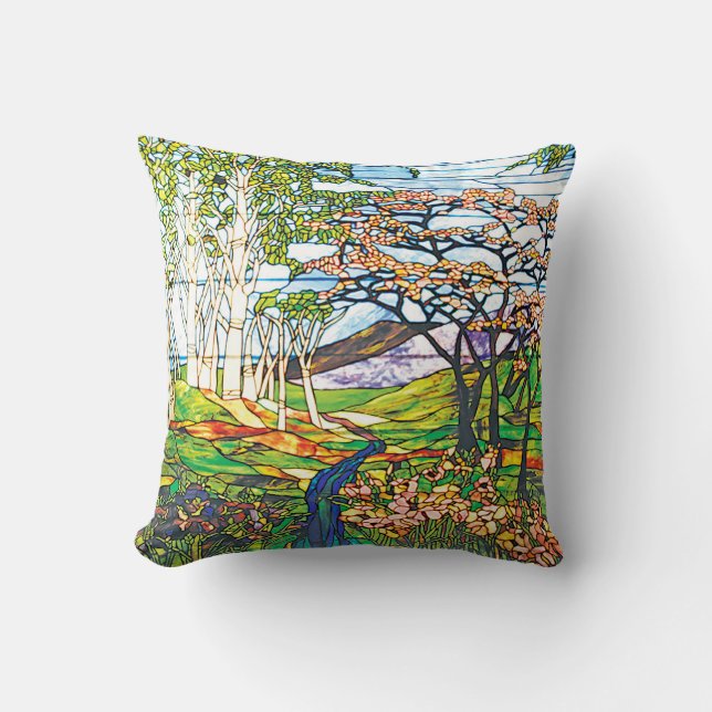 Waterfall Iris Birch Tiffany Stained Glass Window Cushion (Front)