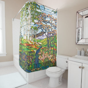 Waterfall Iris Birch Tiffany Stained Glass Window Shower Curtain
