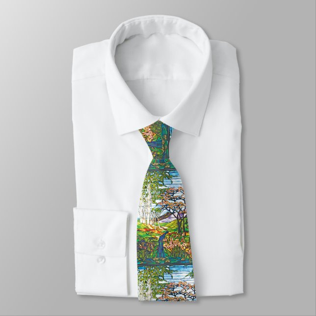 Waterfall Iris Birch Tiffany Stained Glass Window Tie (Tied)