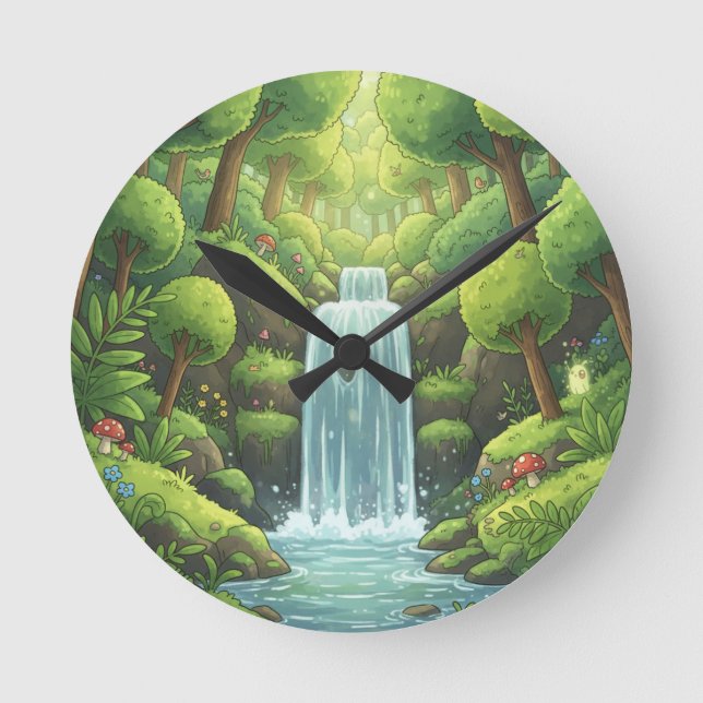 Waterfall Nature Wall Clock – Fresh Green Design (Front)
