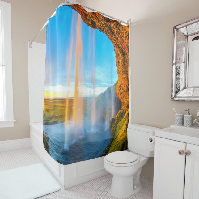 Waterfall Over Rocks Nature Photography Peaceful Shower Curtain (In Situ)