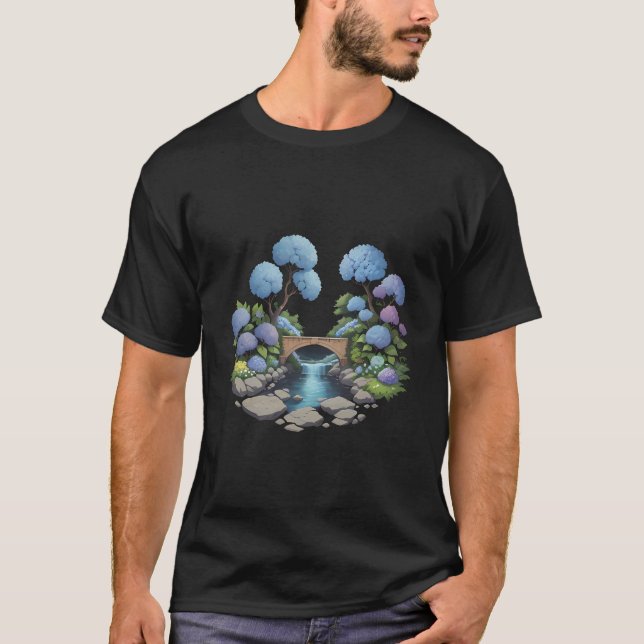 Waterfall, Stone Bridge and Flowers T-Shirt (Front)