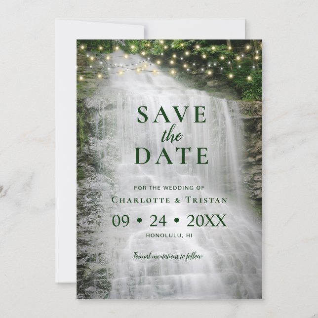 Waterfall String Lights Rustic Forest Wedding  Save The Date (Front)