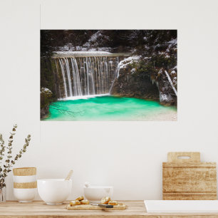 Waterfall stunning turquoise water lake Jasna, Slo Poster