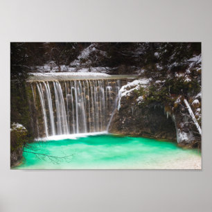 Waterfall stunning turquoise water lake Jasna, Slo Poster