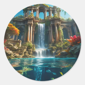 Waterfall Temple Classic Round Sticker