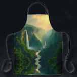 Waterfall Valley Apron<br><div class="desc">This apron features a breathtaking scenic design of a lush green valley framed by forested cliffs. A majestic waterfall cascades into a winding river, while golden light from sunrise or sunset illuminates the sky, creating a serene and picturesque atmosphere. The artwork blends natural beauty with artistic detail, making this apron...</div>