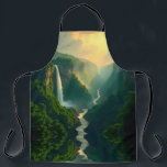 Waterfall Valley Apron<br><div class="desc">This apron features a breathtaking scenic design of a lush green valley framed by forested cliffs. A majestic waterfall cascades into a winding river, while golden light from sunrise or sunset illuminates the sky, creating a serene and picturesque atmosphere. The artwork blends natural beauty with artistic detail, making this apron...</div>