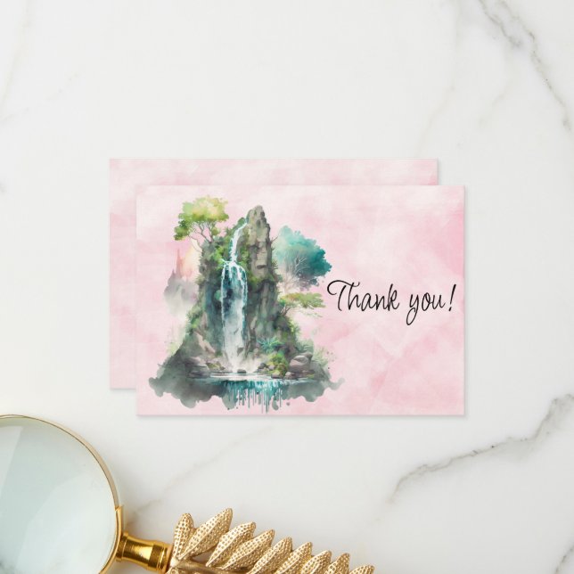 Waterfall Watercolor Painting Thank You Card (Front/Back In Situ)