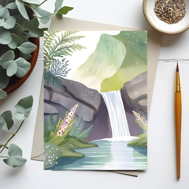 Waterfall Whisper | Nature Watercolor Landscape Postcard (Creator Uploaded)