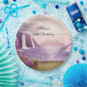Waterfalls & Cherry Trees around a Lake Birthday Paper Plate