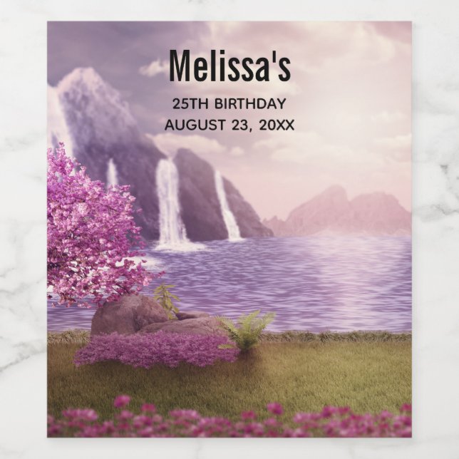 Waterfalls & Cherry Trees around a Lake Birthday Wine Label (Single Label)
