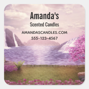 Waterfalls & Cherry Trees around a Lake Business Square Sticker
