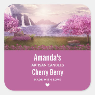 Waterfalls & Cherry Trees around a Lake Candle Biz Square Sticker
