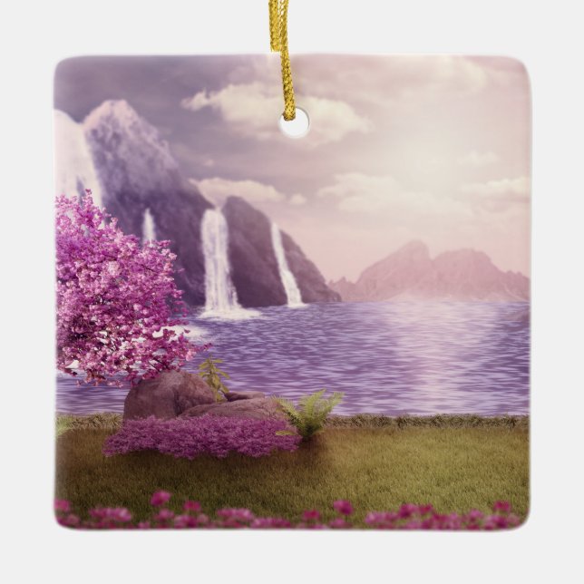 Waterfalls & Cherry Trees around a Lake Ceramic Ornament (Front)