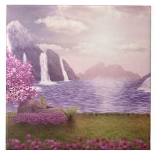 Waterfalls & Cherry Trees around a Lake Ceramic Tile