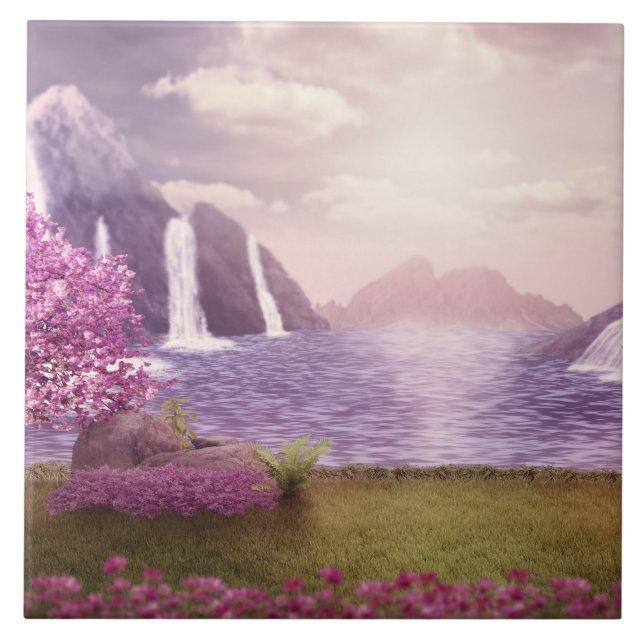 Waterfalls & Cherry Trees around a Lake Ceramic Tile (Front)