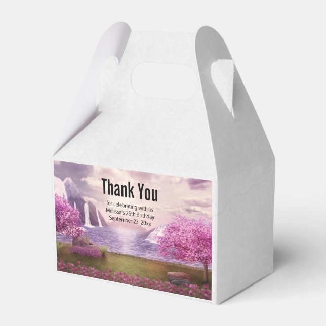 Waterfalls & Cherry Trees around a Lake Favour Box (Front Side)