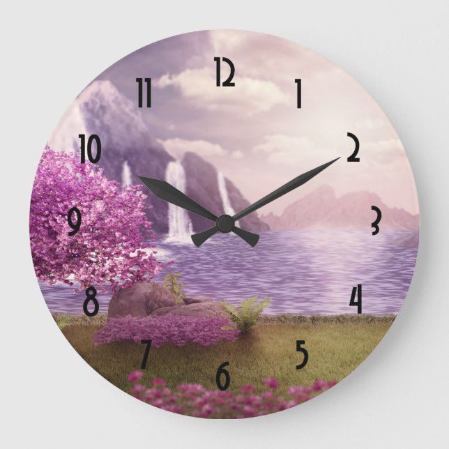 Waterfalls & Cherry Trees around a Lake Large Clock (Front)