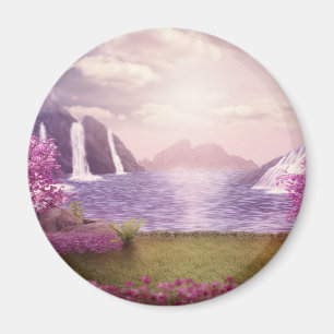 Waterfalls & Cherry Trees around a Lake Magnet