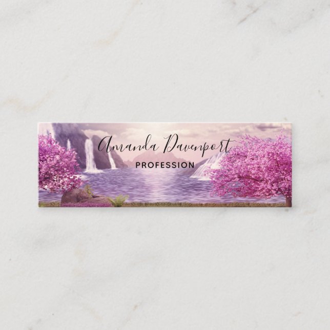 Waterfalls & Cherry Trees around a Lake Mini Business Card (Front)