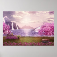 Waterfalls & Cherry Trees around a Lake