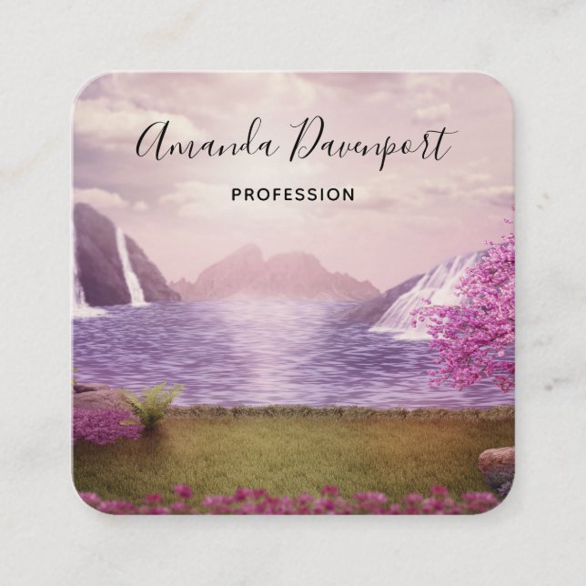 Waterfalls & Cherry Trees around a Lake Square Business Card (Front)