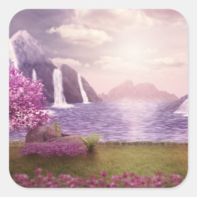 Waterfalls & Cherry Trees around a Lake Square Sticker (Front)