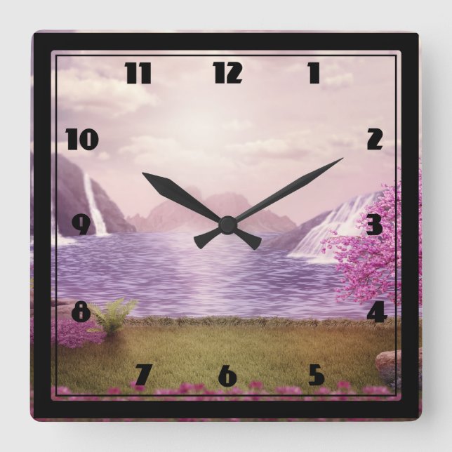  Waterfalls & Cherry Trees around a Lake Square Wall Clock (Front)