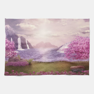 Waterfalls & Cherry Trees around a Lake Tea Towel