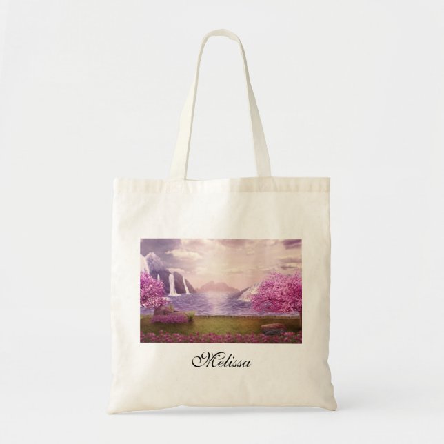 Waterfalls & Cherry Trees around a Lake Tote Bag (Front)