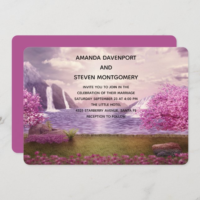 Waterfalls & Cherry Trees around a Lake Wedding Invitation (Front/Back)