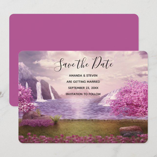 Waterfalls & Cherry Trees around a Lake Wedding Save The Date (Front/Back)