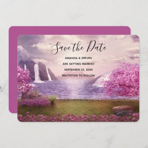 Waterfalls & Cherry Trees around a Lake Wedding Save The Date
