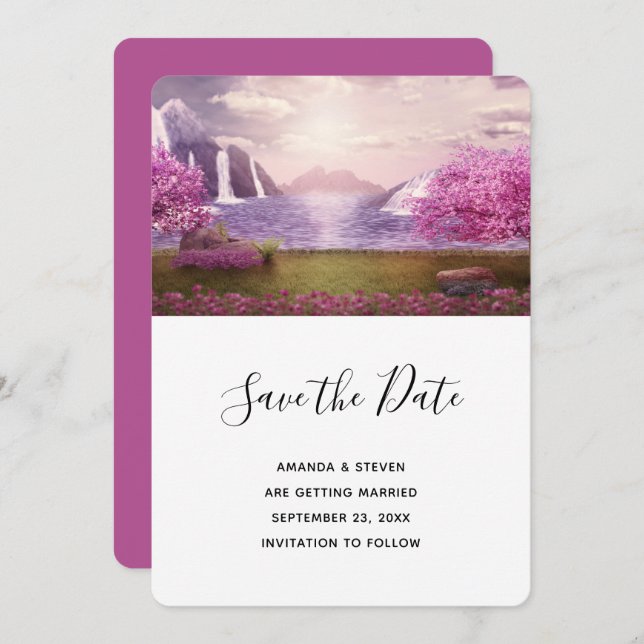 Waterfalls & Cherry Trees around a Lake Wedding Save The Date (Front/Back)