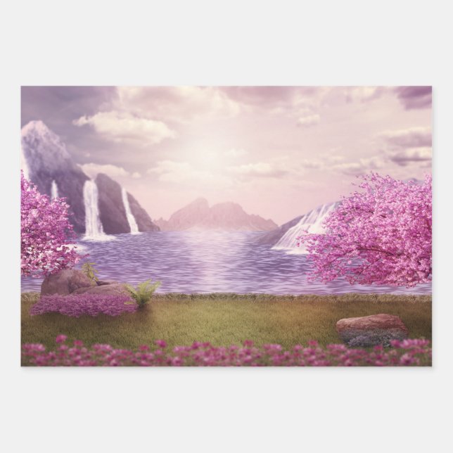 Waterfalls & Cherry Trees around a Lake Wrapping Paper Sheet (Front)