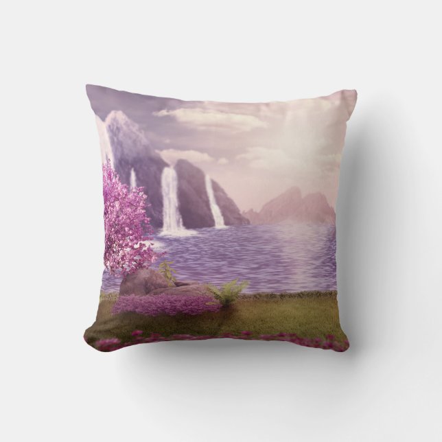 Waterfalls & Cherry Trees by a Lake Cushion (Front)
