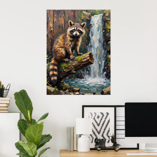 Waterfall's Edge: A Raccoon's Stance Poster