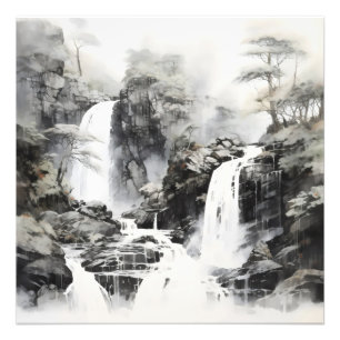 Waterfalls Monochromatic Landscape Photo Print