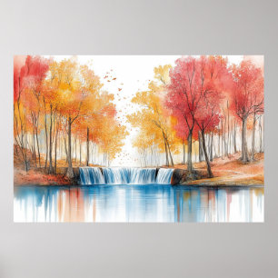 Waterfalls Nature Flower Pastel Colour Drawing Poster